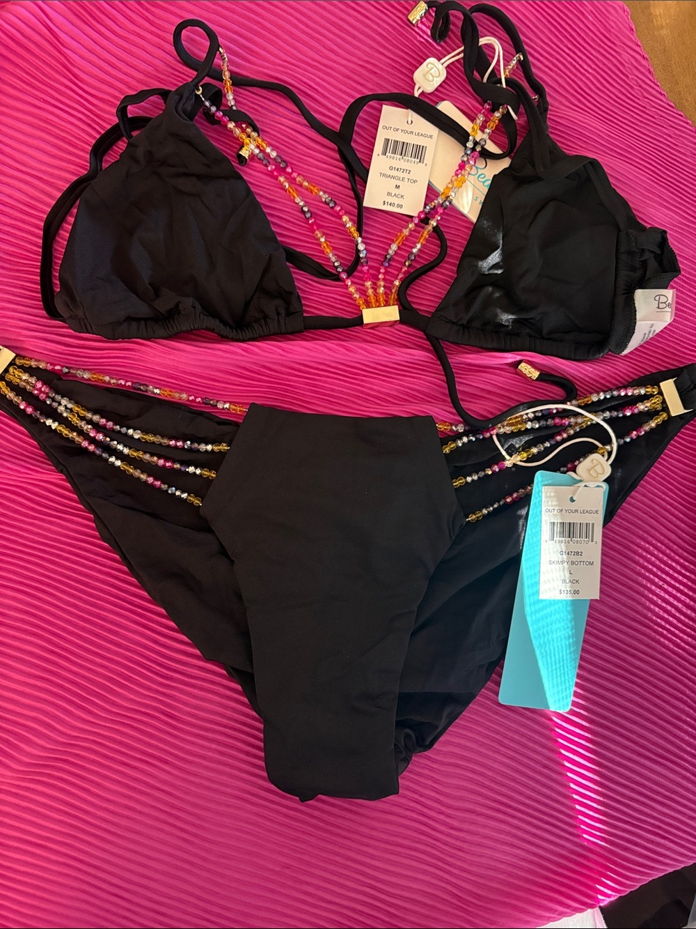 Beach Bunny Black Beaded Triangle Bikini Top